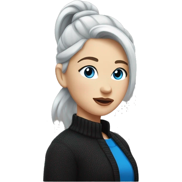 girl with white skin with gray hair with blue eyes in a black sweater with a ponytail on her head with plump lips emoji