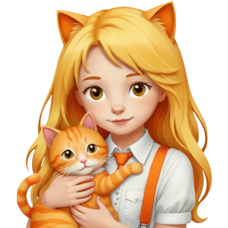 Caucasian girl - long yellow hair - white suspenders - hugging - a orange cat emoji