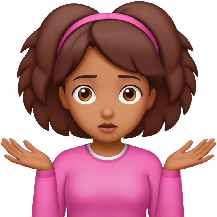 brown girl shrugging shoulders wearing pink emoji