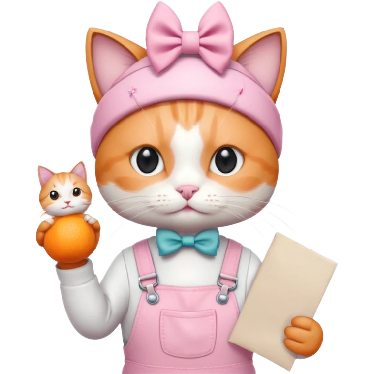 گربه ی نارنجی سفیدتقریباً لباسش حالت بیلر باشه سفید و صورتی پاپیون رو سرش باشه یک کاغذ بزرگ تزیین شده توی دستش باشه emoji