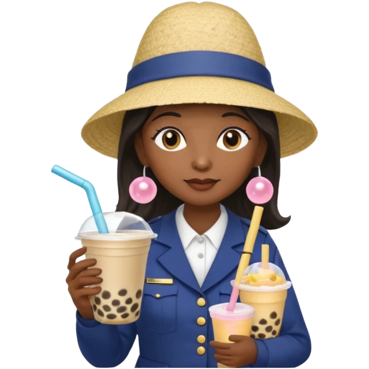 A Mysterious Elderly Female with Dark skin and Straight hair, wearing a Uniform outfit, a Sunhat, No glasses, carrying a Enchanted staff, working as a scientist, while drinking Bubble tea and reading a Journal. emoji