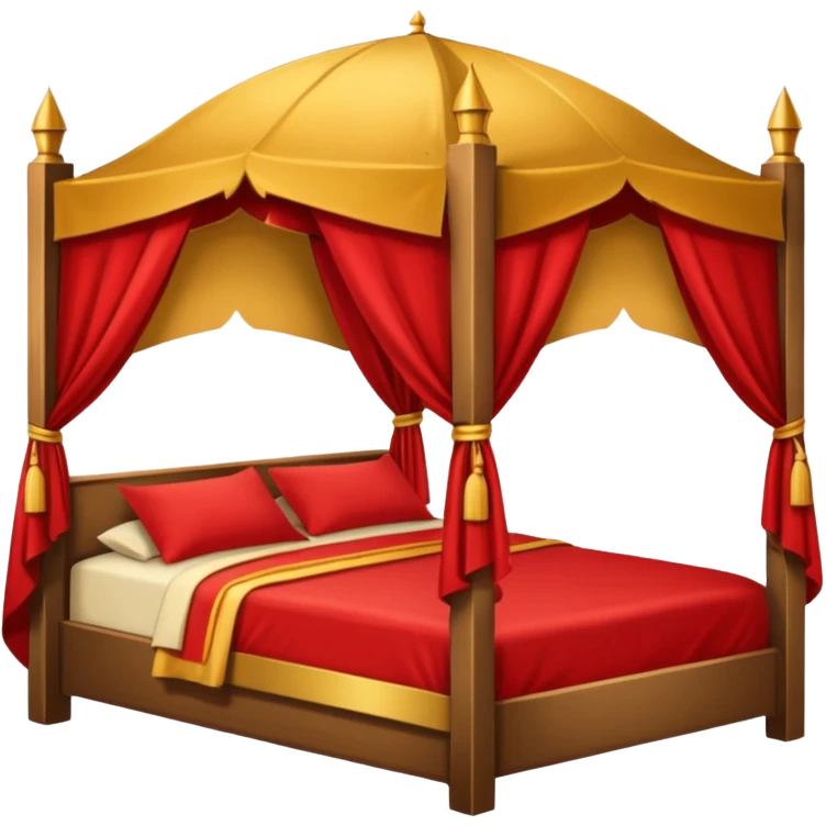 bed with red and gold sheets, wooden, canopy, simple, castle like emoji