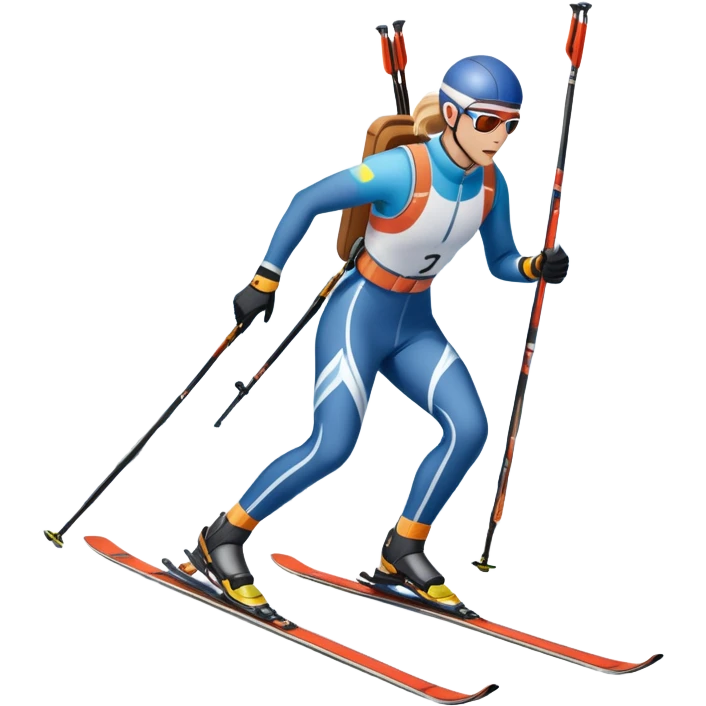 An icon featuring a biathlete gliding on skis through a snowy trail, carrying a rifle on their back. In the background, a target range and snow-covered trees set the scene. Transparent background highlights the unique mix of endurance, precision, and winter sport challenge. emoji