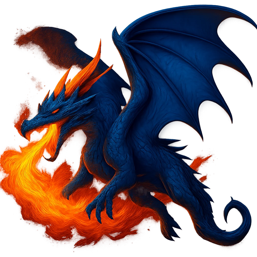 Add a dramatic fiery breath effect to this flying blue dragon, keep the style of the original image, no background. emoji