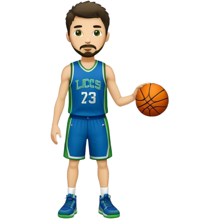 Full Body  white male basketball player with short dark shaggy hair and goatee wearing blue and green uniform emoji