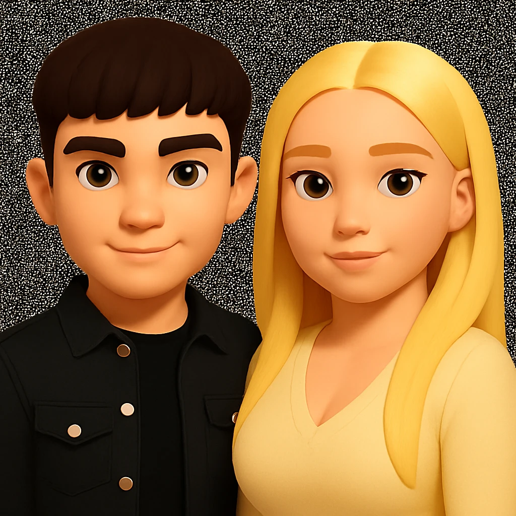Slightly increase the volume of the upper body of the girl and slightly turn her to face forward. Do not change the boy's face. Maintain the style of the original image. emoji
