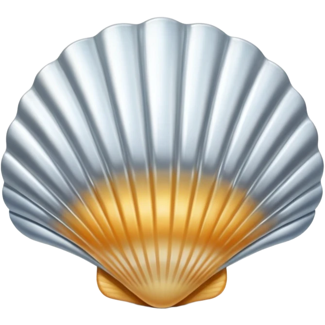 A seashell emoji made of polished silver chrome, smooth curved surface, reflective metallic highlights, elegant minimal design, iOS emoji style, centered, clean white background, soft lighting emoji