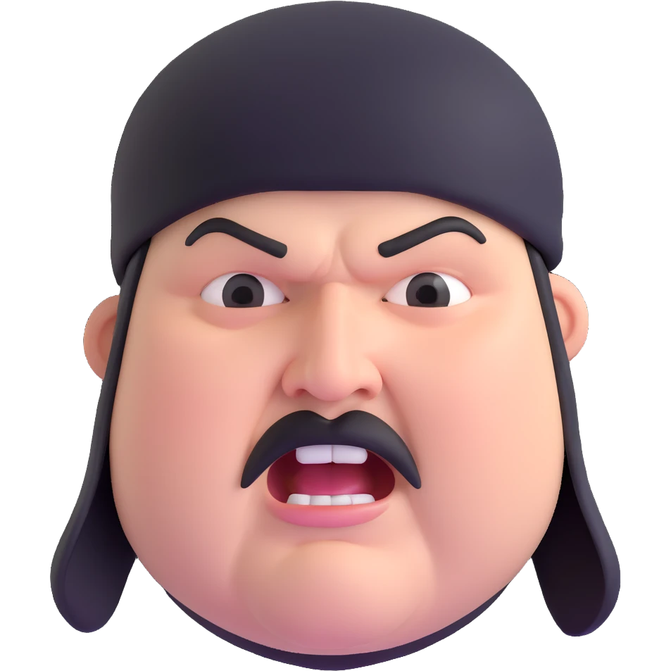 Super extreme tight close-up of just the face of morbidly obese white skin guy with young face, prominent BLACK DURAG tied clearly on head, black beard but no mustache, clean shaven upper lip, black eyes, mouth wide open screaming angrily emoji