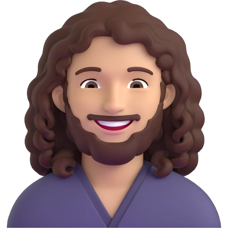 guy with long and curly hair, smiling emoji