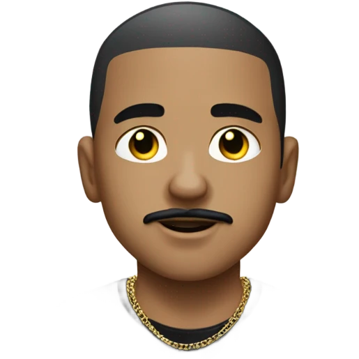 Withe boy with black buzz cut and big black mustache and gold chain in rapper t shirt  emoji