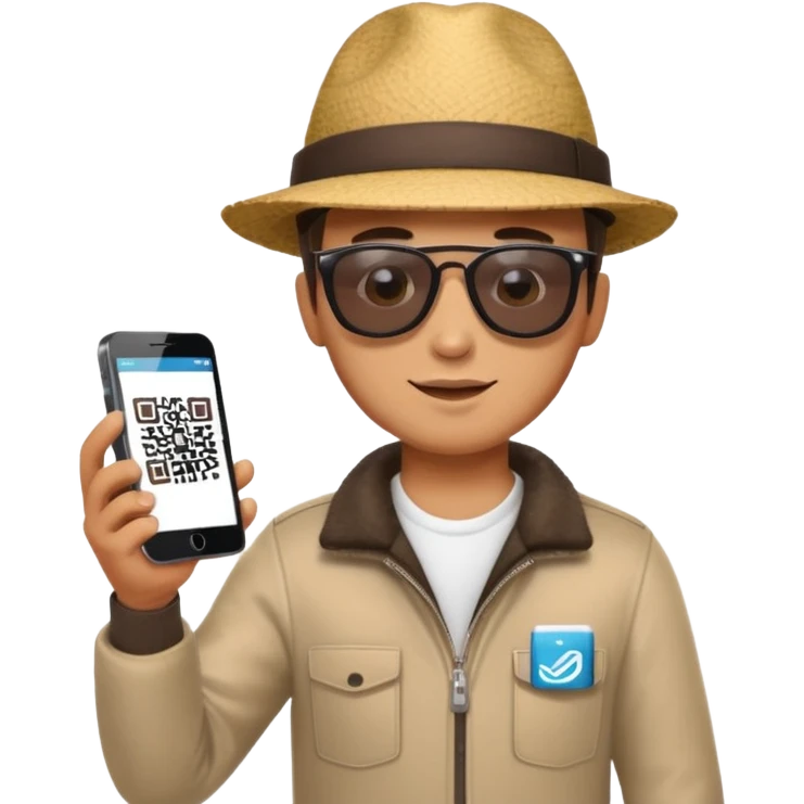 Draw a male tourist who pointed his phone to scan a QR code at a POS terminal for payment. In the style of an Apple emoji emoji