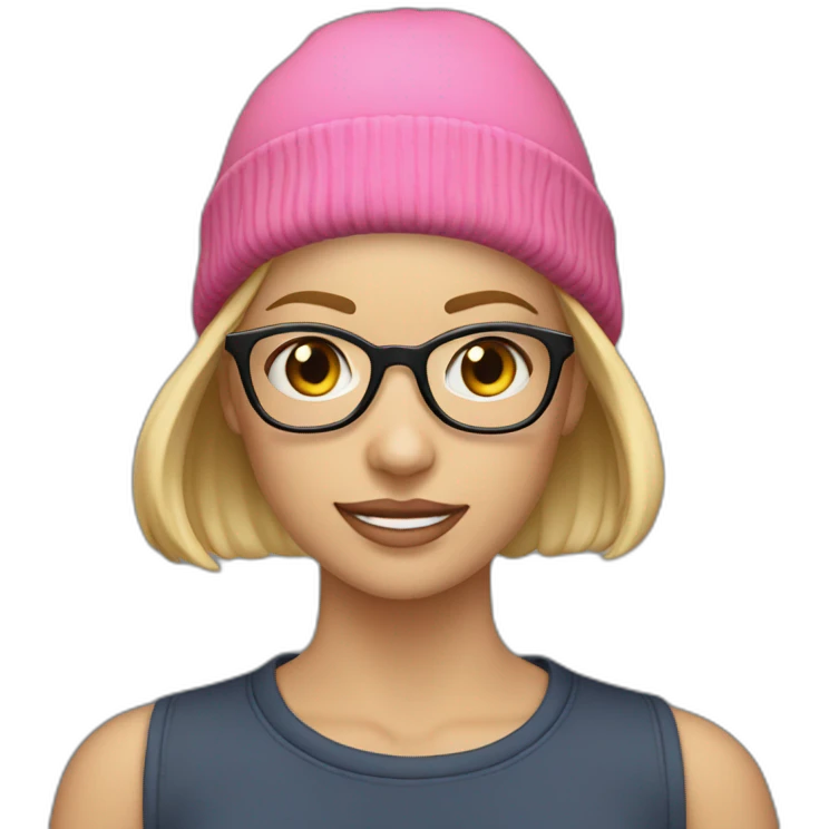 30 year old white woman short straight blond hair with a beanie on her heard and glasses emoji