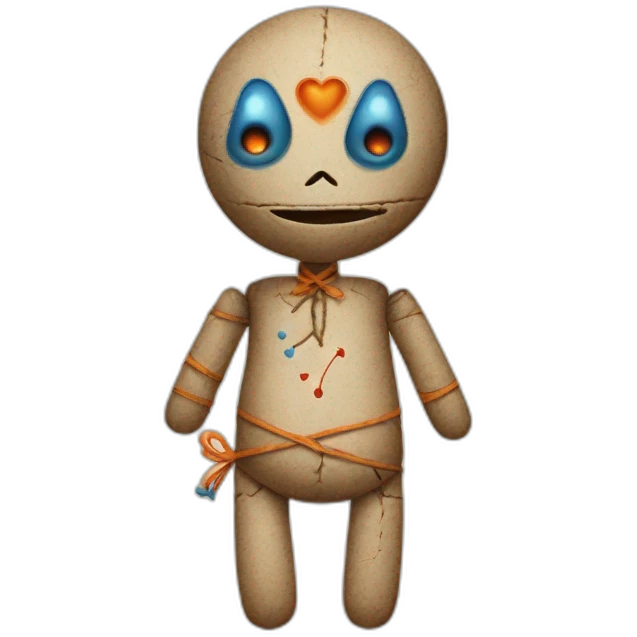 voodoo doll with orange and blue buton eyes and a heart on left side of belly emoji
