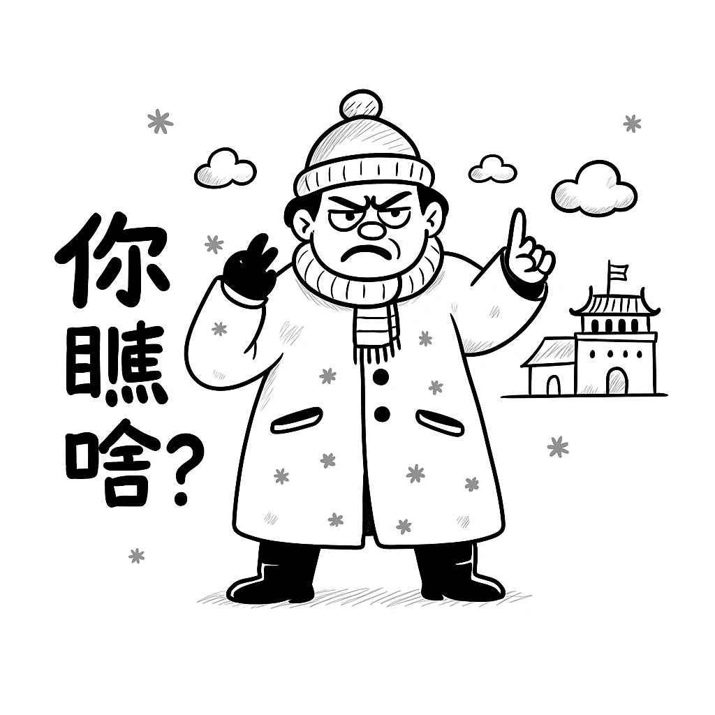 Edit the image to change the Chinese text to '你瞅啥？' while keeping everything else unchanged. The style should be black hand-drawn doodle style. The character is a Northeasterner wearing thick winter clothes, with a rude expression and exaggerated actions, set against a snowy Northeastern background. Maintain the black doodle style look in the edit. emoji