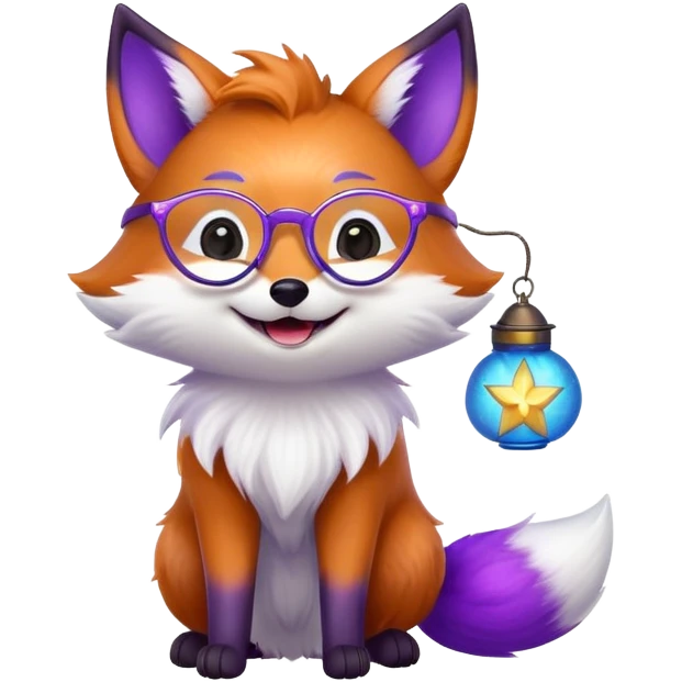 small magical fox with purple and blue fur, glowing fluffy tail, silver star on forehead, round glasses, tiny lantern, laughing with joy emoji