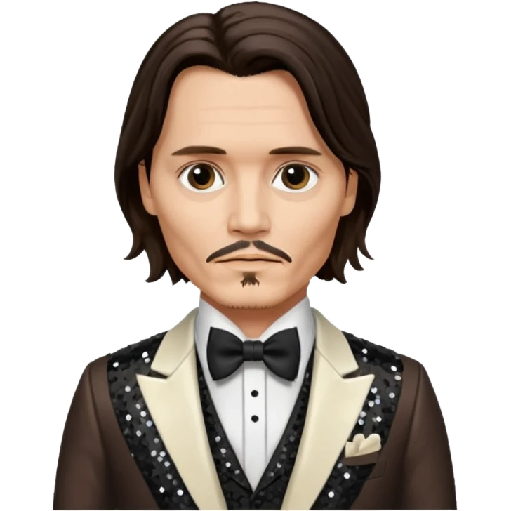 Johnny Depp with long dark brown hair hair, ivory sequin suit with bow tie emoji