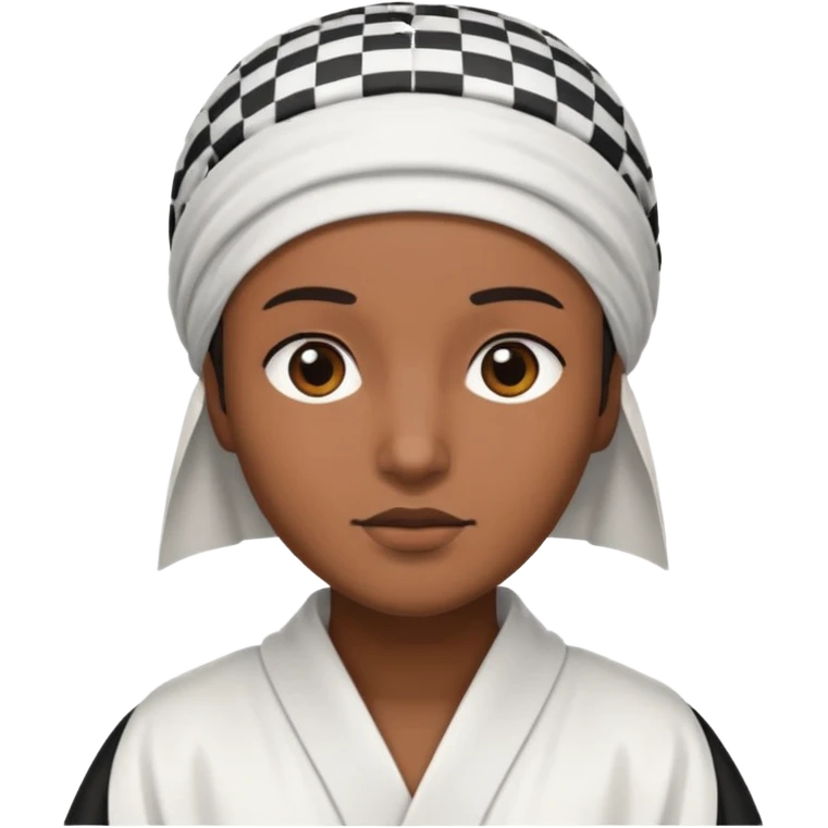 Una persona morena que solo se le vea la cara con una bata de arabe en la cara color blanco con cuadros negros en la cabeza  emoji