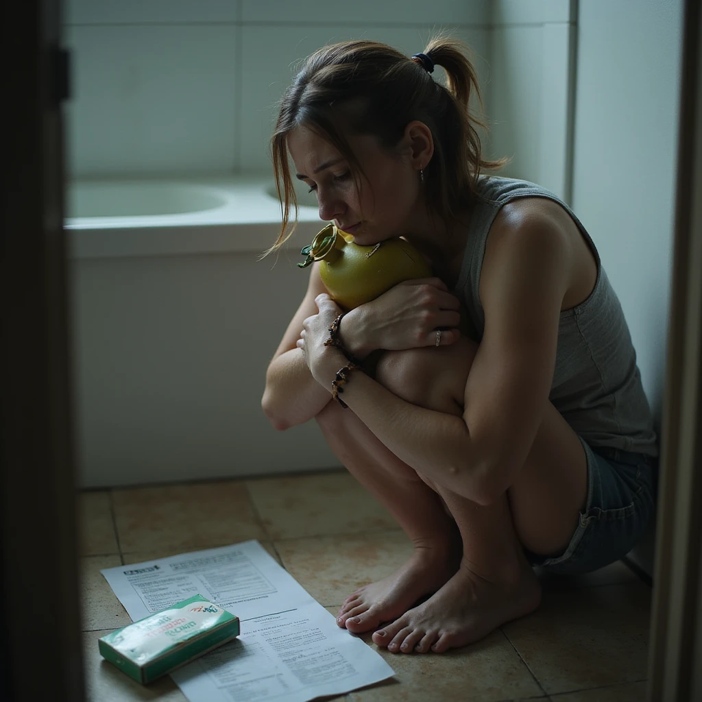 hyperrealistic 4K image of a woman crouched on the bathroom floor, hugging a hot water bottle, pale skin, dark circles under eyes, medical reports with the word 'Crohn' visible, discarded box of biologic drug next to her, atmosphere of pain and fatigue emoji