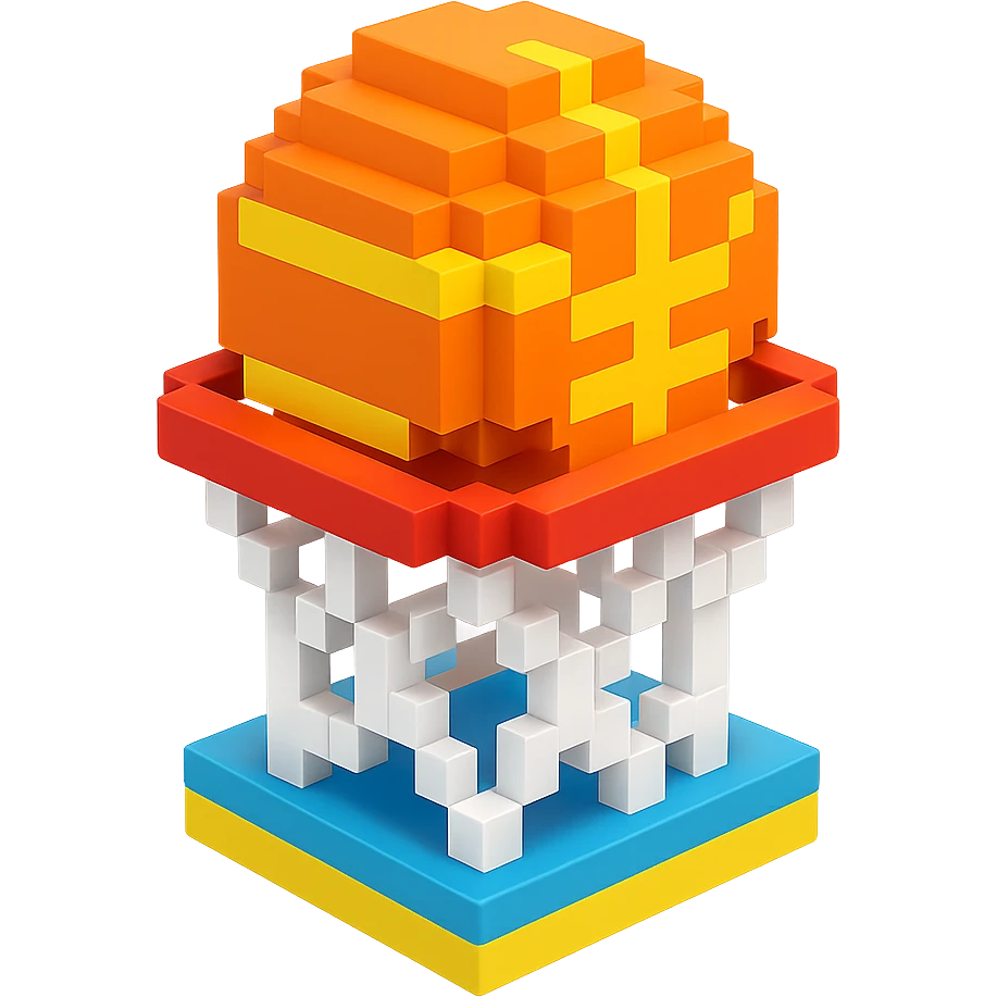 Voxel-style basketball in a net, variation 5 emoji