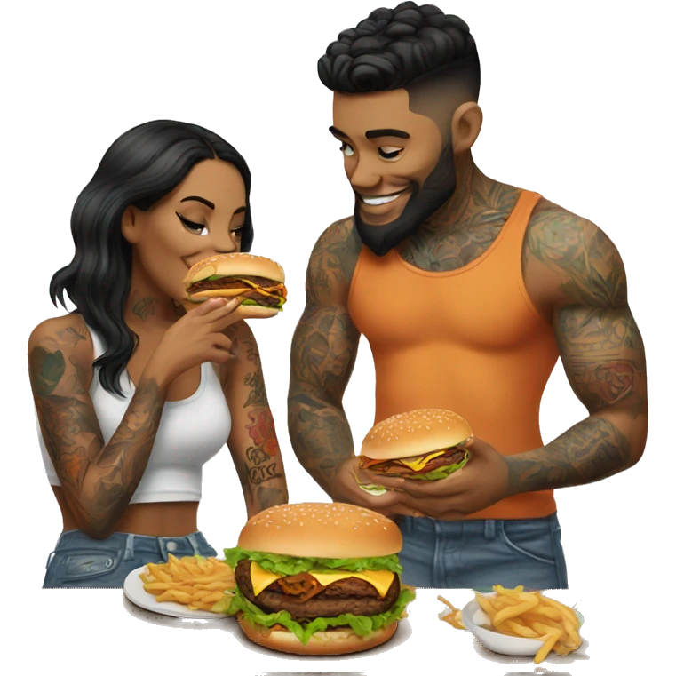 Beautiful tattooed couple eating burgers emoji