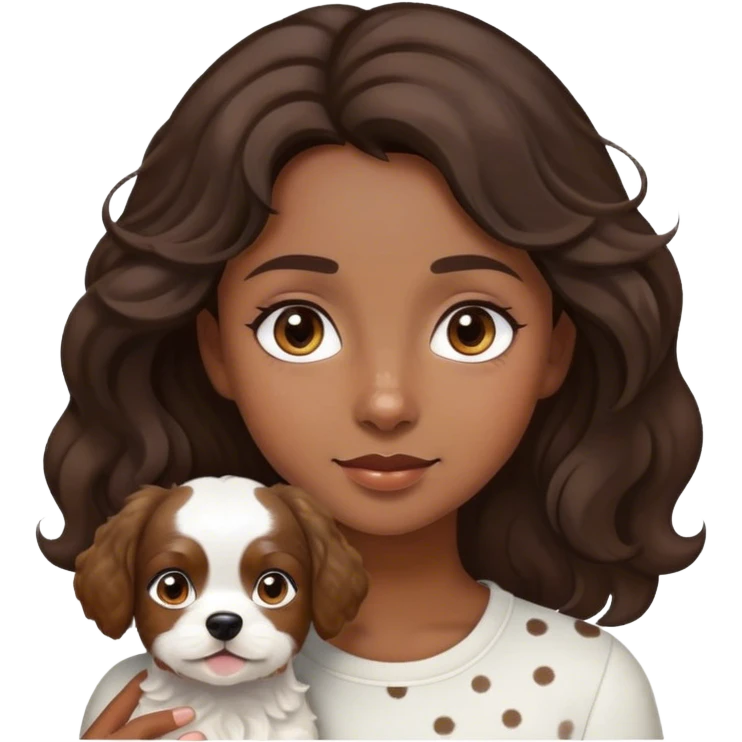 iPhone style emoji of a girl with wavy dark brown hair and eyes with a small white dog with light brown ears and spots emoji