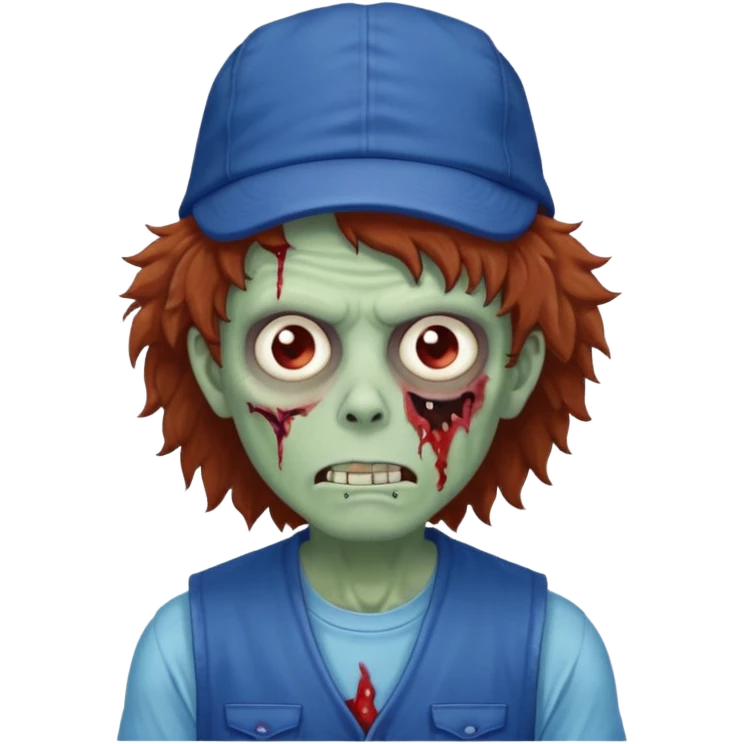 brown fluffy hair zombie with blue and white hat dark blue jilet red t shirt emoji
