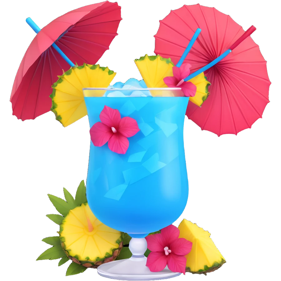 vibrant tropical fruity blue cocktail with hibiscus, pineapple slice, and paper umbrella garnish emoji