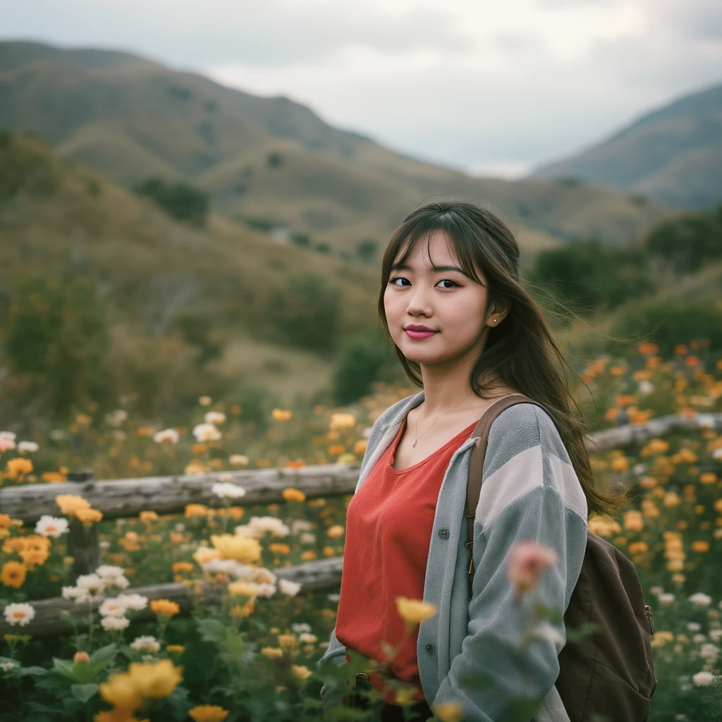 A portrait of a person in the foreground, blurred plants in the foreground, a wooden fence and colorfull flowers in the midground, rolling hills in the background, cinematic depth of field, layered composition, natural lighting emoji
