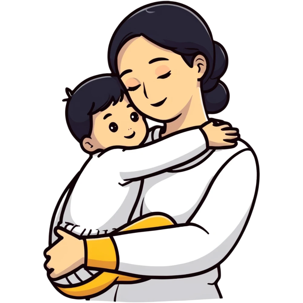 Mother and child hugging with love emoji