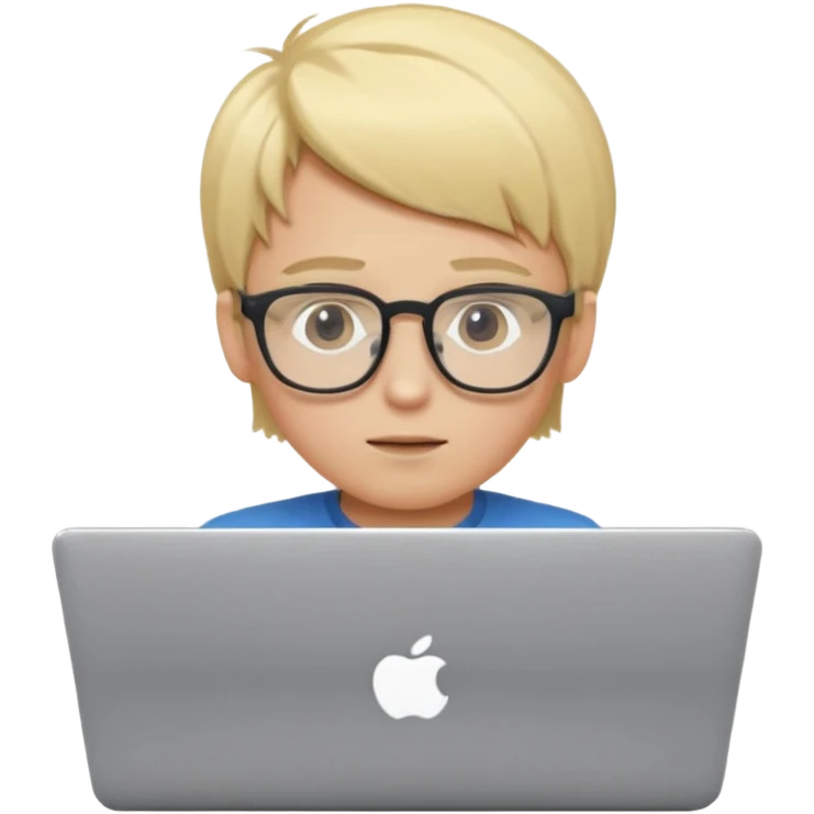 Blonde boy using laptop wearing clear glasses emoji