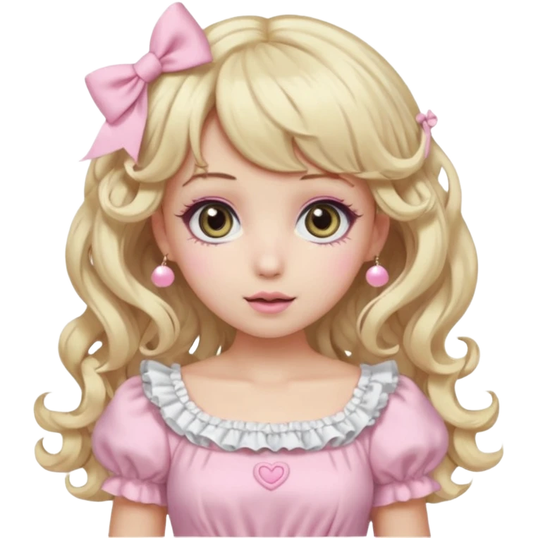 pale girl, swirled blonde and baby pink curly hair, bangs, grey eyes, doll-like makeup, light pink hime gyaru dress, emoji style emoji