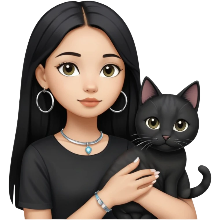 A girl with long straight black hair has upward-slanting eyeliner. She is wearing large silver hoop earrings, a black short-sleeved shirt, and a bracelet on her left hand. She is holding a cat with a black face  emoji