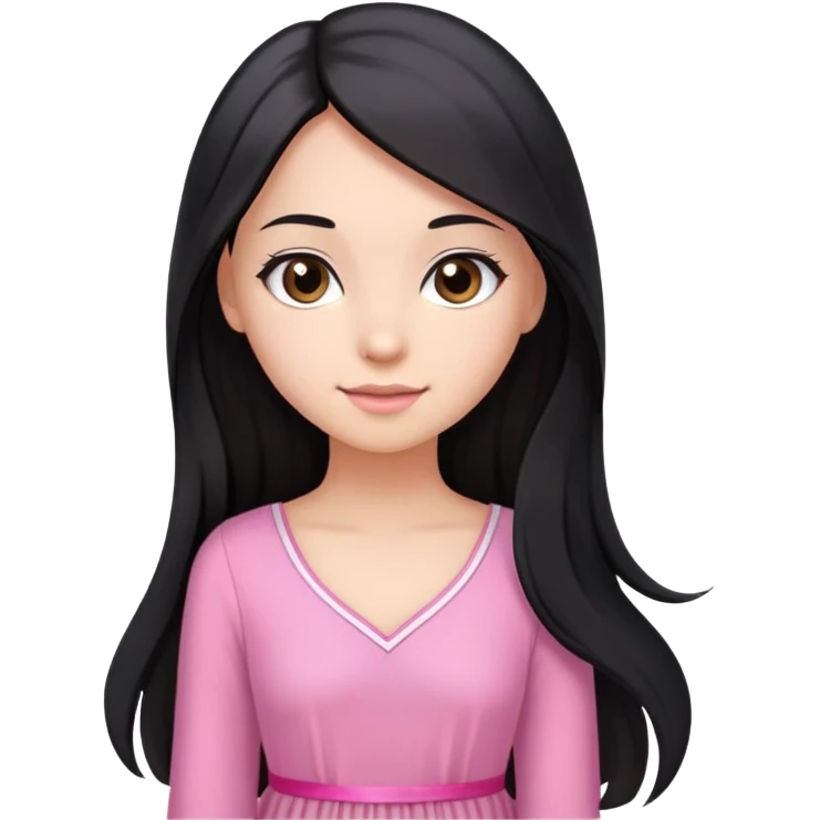 Beautiful girl with very long straight flowing black hair with small waves only at the ends, brown eyes, light skin, slight smile, pink ribbon in hair, and pink dress emoji