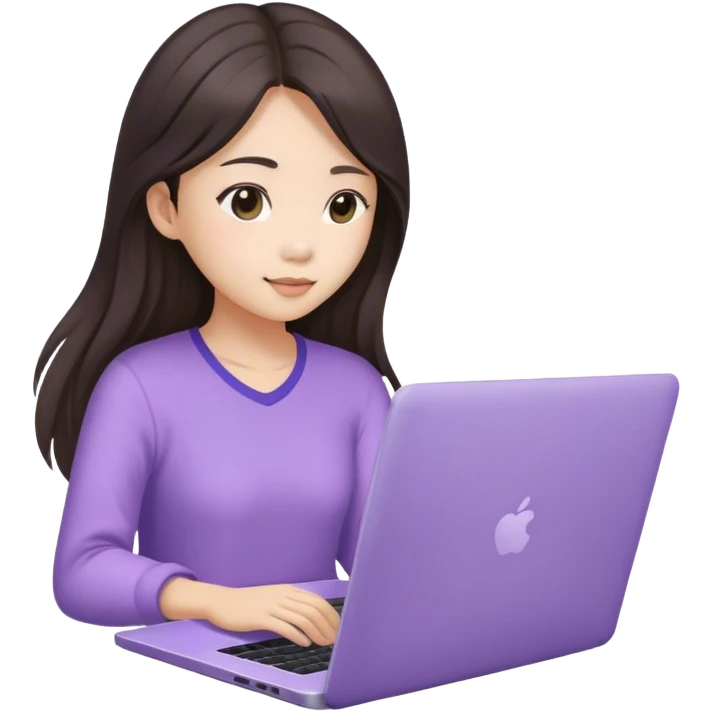 Long hair brunette Asian girl working on lavender laptop emoji