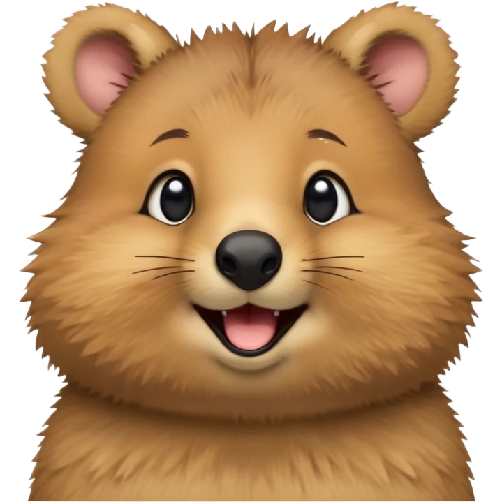 cinematic-realistic quokka-emoji,-small-round-frame, head tilted in an endearing manner, comical smile, round cheeks, giant-fluffy-cheeks-large-smile-fluffy-brown-fur-radiating-a-warm-softness,-big-round-eyes-filled-with-joy, realistic round  fluffy zoomed in, large black eyes one paw raised in the air emoji