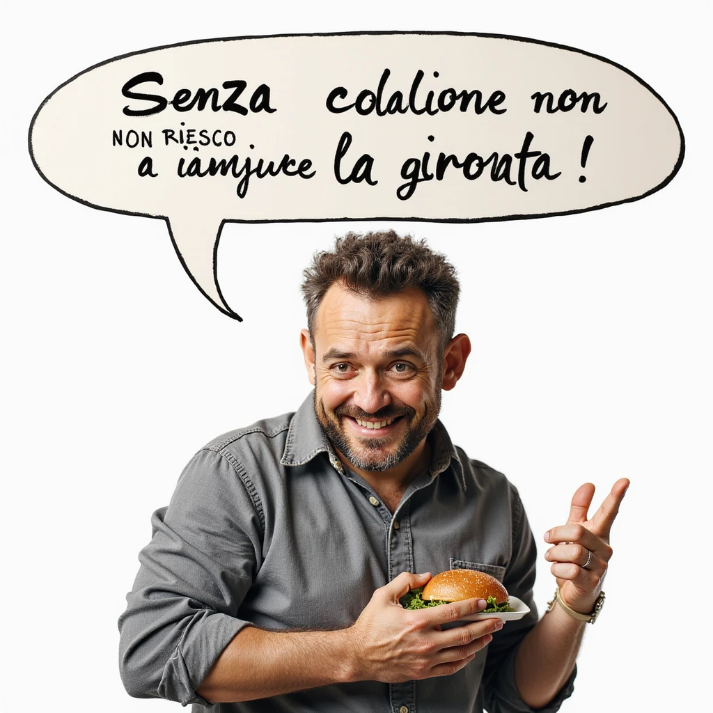 hyperrealistic 4K man isolated on white background, speech bubble saying 'Senza colazione non riesco a iniziare la giornata', smiling expression, realistic details, different pose, variant 2 emoji