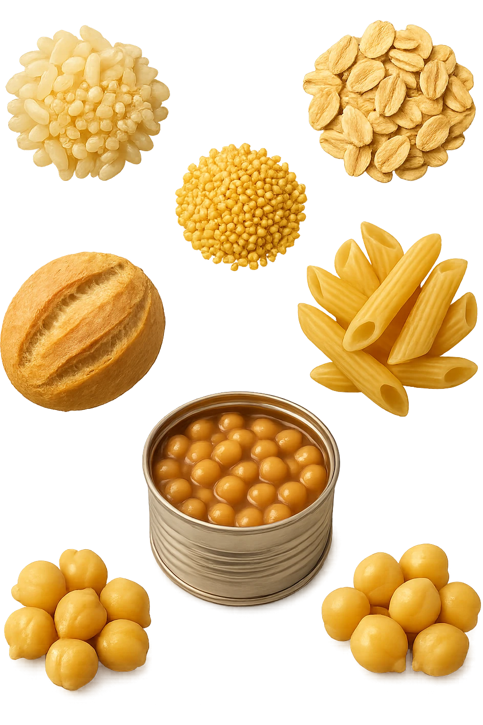 emoji stile iphone 3d di questi elementi che fluttuano in aria:

Riso, quinoa, avena, miglio, couscous senza glutine
Pasta e pane gluten-free
Farro a lievitazione lunga
Lenticchie e ceci in scatola

 che fluttuano in aria, iperealistico 4k emoji