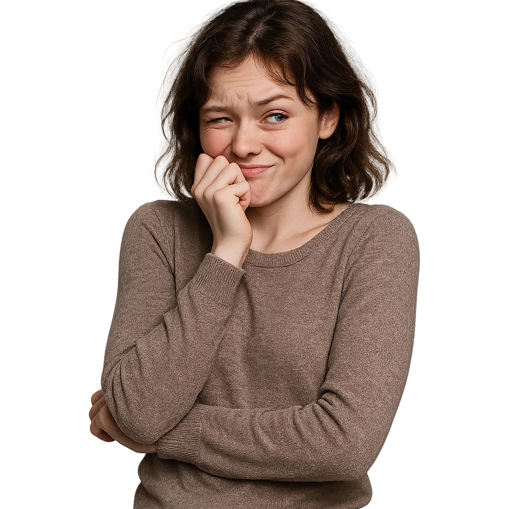 a girl who looks very shy but also very cocky, expressive face, playful body language, contrasting emotions emoji