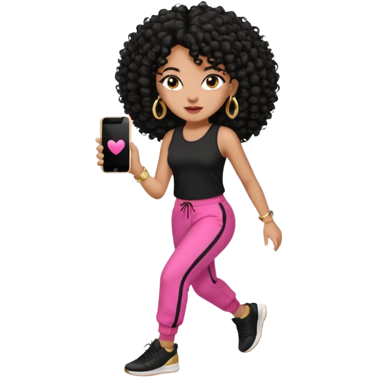 Black woman, adult, 4C black curly hair, dark brown eyes, wearing black top, pink pants, black sneakers, gold hoop earrings, iPhone emoji style na corrida  emoji