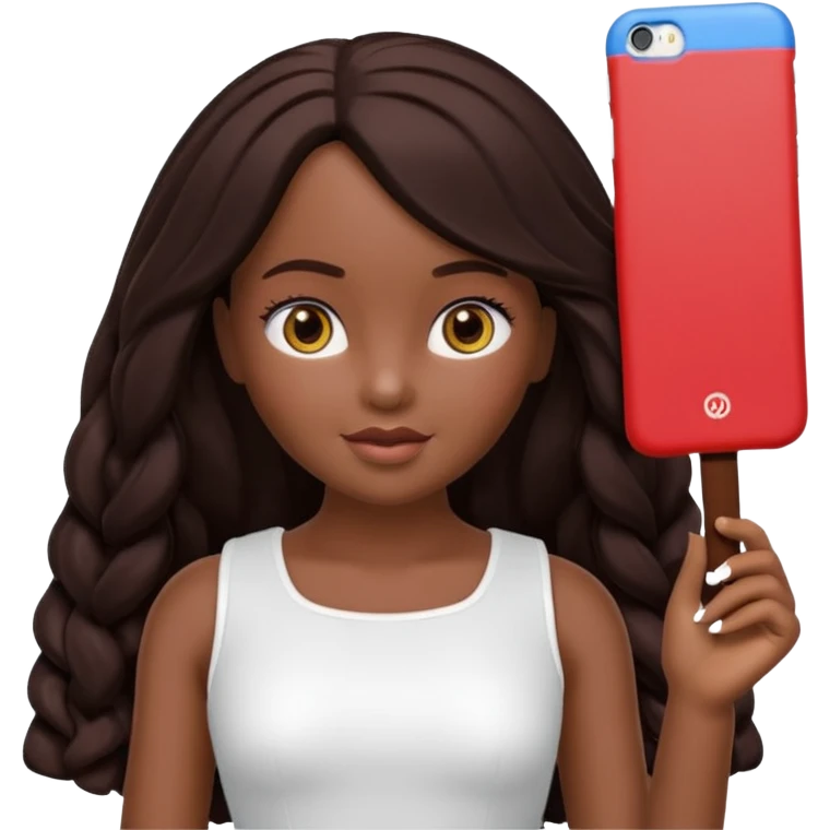 Boneca digital em estilo 3D realista e fofo, semelhante a uma boneca colecionável. Mulher jovem com pele negra, olhos castanhos escuros, cabelo liso cor chocolate, longo e bem alinhado.  emoji