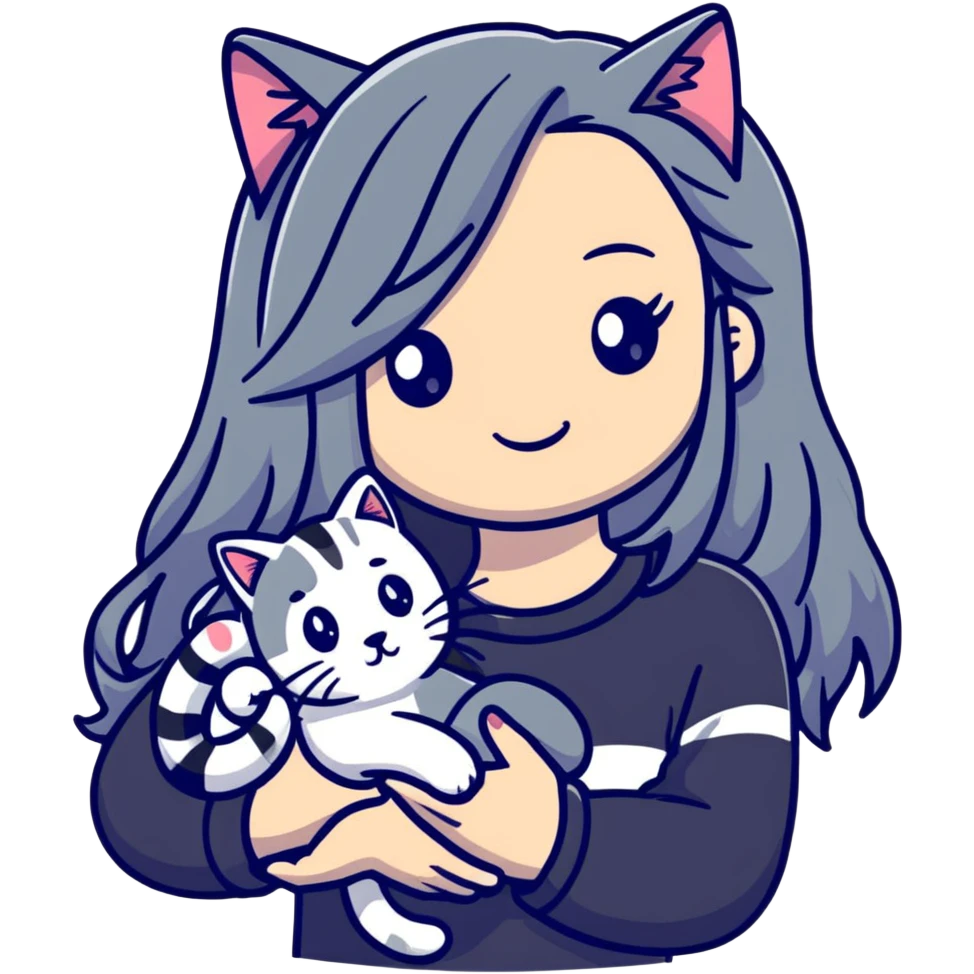 girl with long hair holding a cat with silver stripes emoji