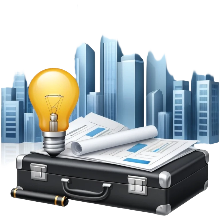 An icon featuring a briefcase, a stack of documents, and a chart showing growth, symbolizing entrepreneurship. The design includes a lightbulb representing ideas and innovation, with a background of skyscrapers and a bustling city. Transparent background highlights the business world. emoji
