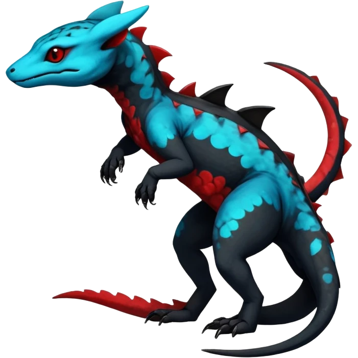 Rare realistic exotic edgy dark gothic gloomy spooky black and red/blue/cyan epic pretty beautiful handsome gorgeous aesthetic colorful vibrant Vernid-Trico-species-Fakemon-Salandit-hybrid-creature by LiLaiRa, 4 legs, 1 tail, random markings, (full body) emoji