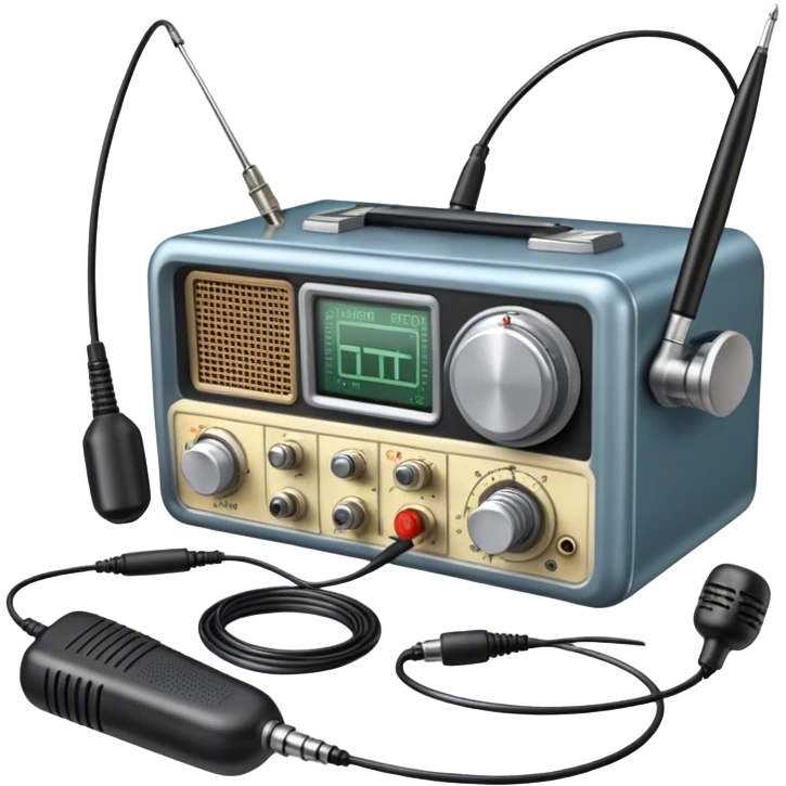 A photorealistic icon featuring a ham radio transceiver, headphones, microphone, antenna, radio equipment like soldering tools and cables, soldering iron in use. The design includes detailed textures and realistic lighting. Transparent background. emoji