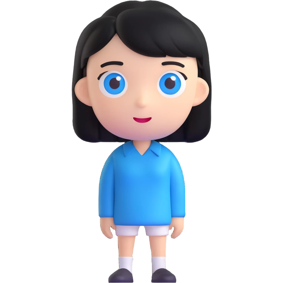 AI emoji character with black hair and blue eyes, standing straight forward, neutral expression emoji