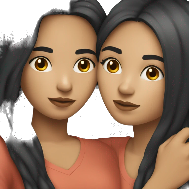 A lesbian couple with white skin and long black hair hugging intimately emoji
