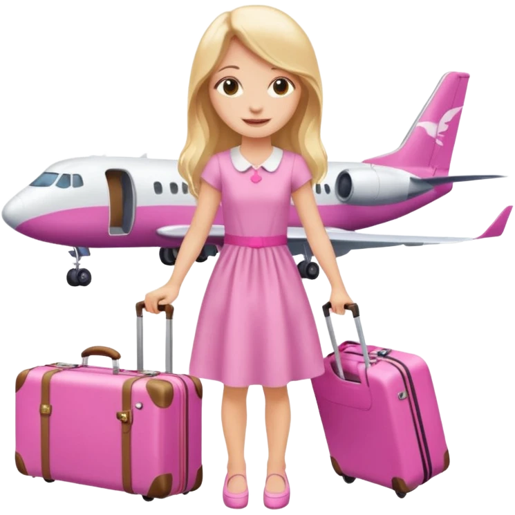Девушка со светлыми длинными волосами счастливая в платье с розовым чемоданом в руках на фоне самолета emoji