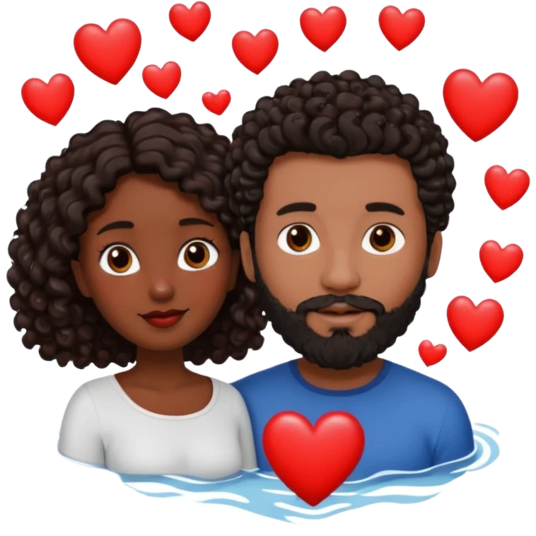 pareja de Mujer morena rizada cabello largo castaño ojos oscuros y hombre blanco cabello negro corto (no es rizado) con barba  y ojos marron al rededor de la pareja corazones emoji