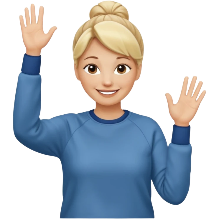 50 year old blonde woman with bun in casual clothes and sweat shirt waving emoji