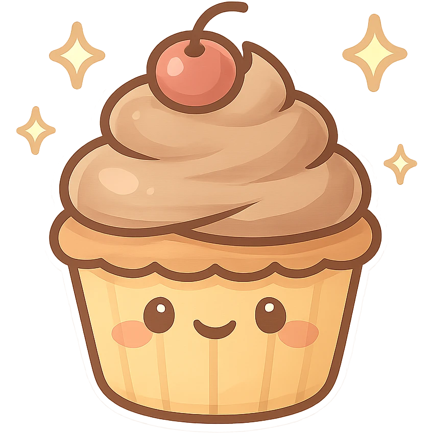 chibi sticker-style cupcake with sparkles, cute and exaggerated emoji